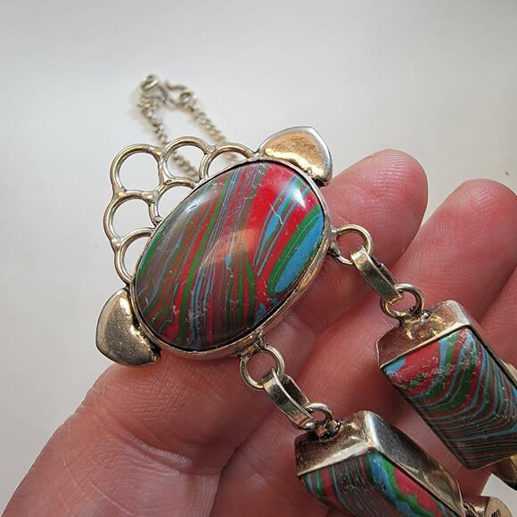 Handmade Sterling Silver Necklace Featuring Colorful Multi-Striped Polymer Stone - Picture 7 of 10